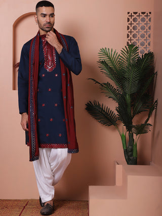 Elvish Yadav in Embroidered Navy Blue Silk Blend Kurta Salwar and Dupatta Set for Men