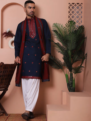 Embroidered Navy Blue Silk Blend Kurta Salwar and Dupatta Set for Men