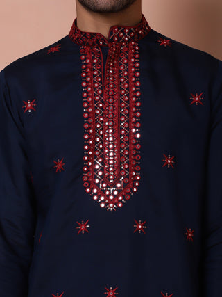 Aman Maheshwari in Embroidered Navy Blue Silk Blend Kurta Salwar and Dupatta Set for Men