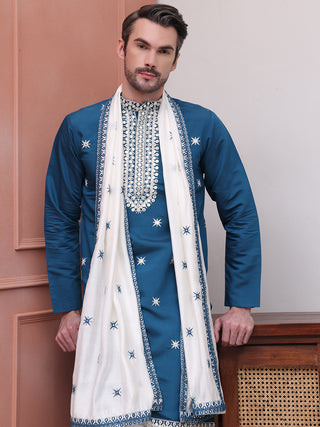 Embroidered Blue Silk Blend Kurta Salwar and Dupatta Set for Men