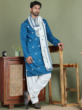 Embroidered Blue Silk Blend Kurta Salwar and Dupatta Set for Men