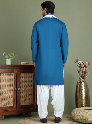 Embroidered Blue Silk Blend Kurta Salwar and Dupatta Set for Men