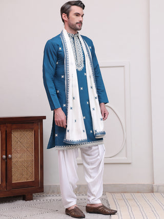 Embroidered Blue Silk Blend Kurta Salwar and Dupatta Set for Men