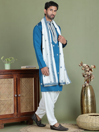 Embroidered Blue Silk Blend Kurta Salwar and Dupatta Set for Men