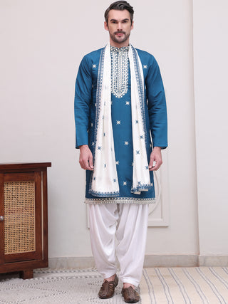 Embroidered Blue Silk Blend Kurta Salwar and Dupatta Set for Men