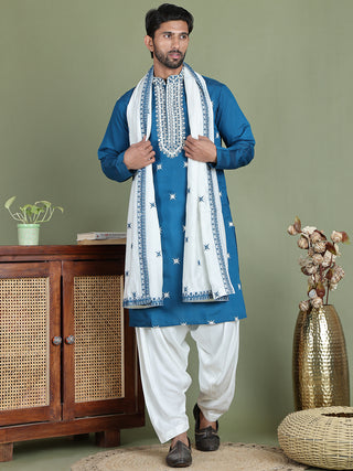 Embroidered Blue Silk Blend Kurta Salwar and Dupatta Set for Men