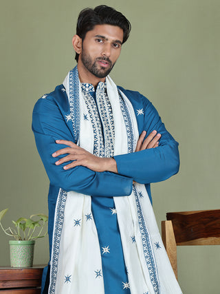 Embroidered Blue Silk Blend Kurta Salwar and Dupatta Set for Men