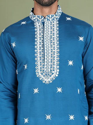 Embroidered Blue Silk Blend Kurta Salwar and Dupatta Set for Men