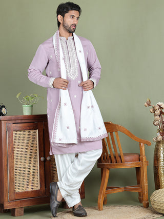 Embroidered Blue Silk Blend Kurta Salwar and Dupatta Set for Men