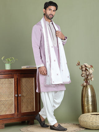 Embroidered Blue Silk Blend Kurta Salwar and Dupatta Set for Men