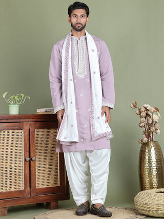 Embroidered Blue Silk Blend Kurta Salwar and Dupatta Set for Men