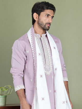 Embroidered Blue Silk Blend Kurta Salwar and Dupatta Set for Men