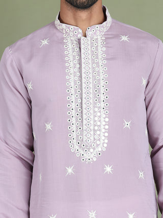 Embroidered Blue Silk Blend Kurta Salwar and Dupatta Set for Men