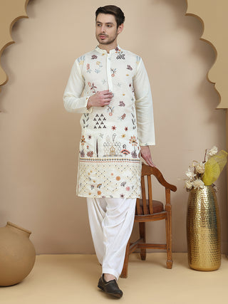 Embroidered Silk Blend Kurta with White Salwar