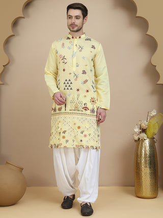 Embroidered Silk Blend Kurta with White Salwar