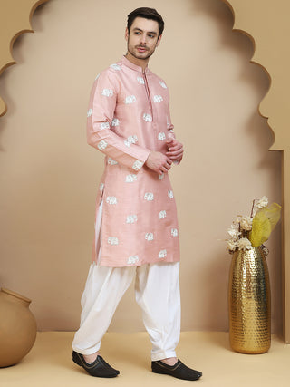 Elephant Embroidered Silk Blend Kurta Set for Men