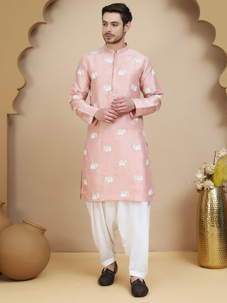 Elephant Embroidered Silk Blend Kurta Set for Men