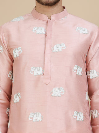 Elephant Embroidered Silk Blend Kurta Set for Men