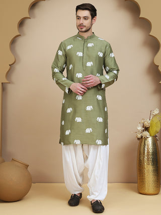 Elephant Embroidered Silk Blend Kurta Set for Men