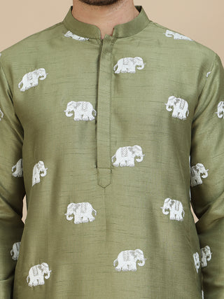 Elephant Embroidered Silk Blend Kurta Set for Men