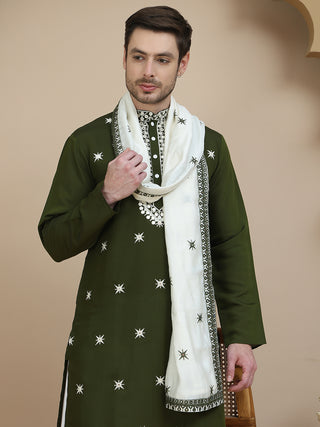 Embroidered Silk Blend Kurta Salwar and Dupatta Set for Men