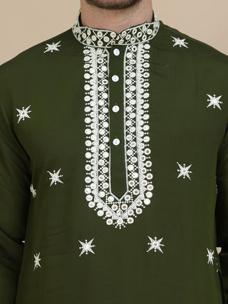 Embroidered Silk Blend Kurta Salwar and Dupatta Set for Men