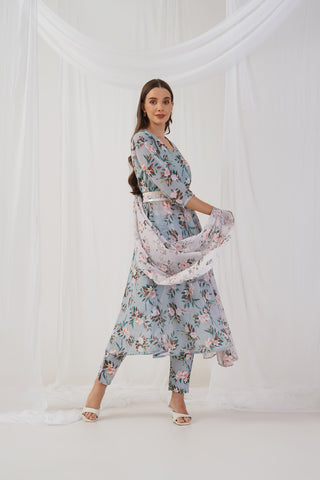 Green Floral Printed Sequinned Kurta with Trousers & Dupatta & Belt