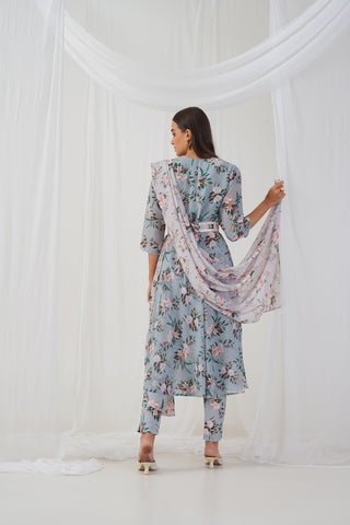 Green Floral Printed Sequinned Kurta with Trousers & Dupatta & Belt