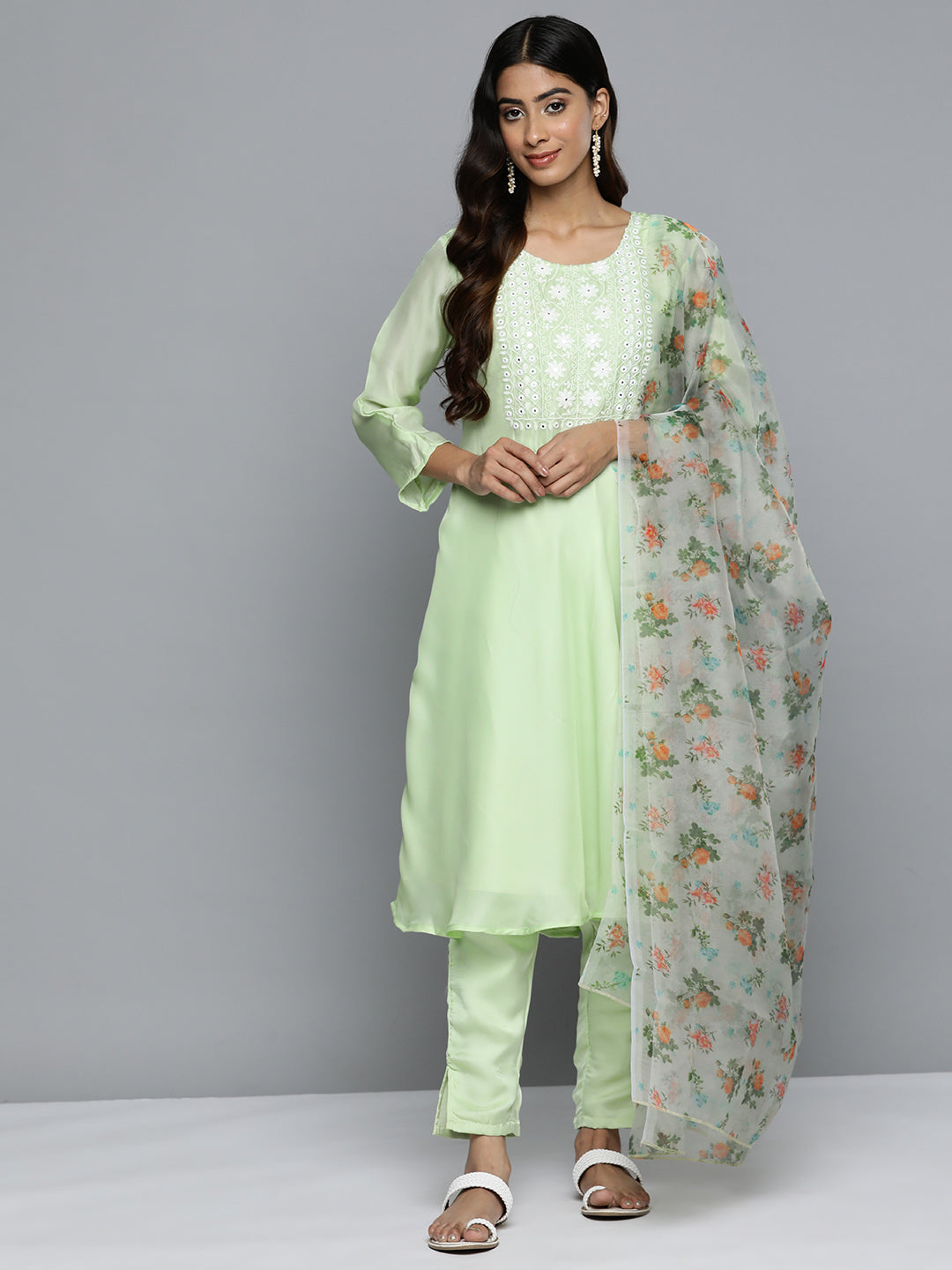 Jompers Floral Embroidered Mirror Work Silk Georgette Kurta With Trousers & Dupatta