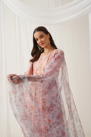 Peach Floral Embroidered Mirror Work Kurta with Trousers & With Dupatta