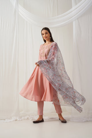 Peach Floral Embroidered Mirror Work Kurta with Trousers & With Dupatta