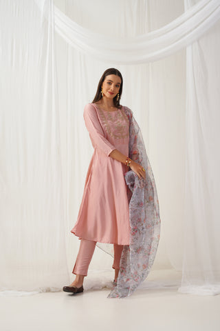 Peach Floral Embroidered Mirror Work Kurta with Trousers & With Dupatta