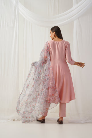 Peach Floral Embroidered Mirror Work Kurta with Trousers & With Dupatta