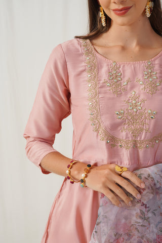 Peach Floral Embroidered Mirror Work Kurta with Trousers & With Dupatta