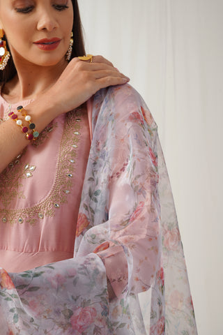 Peach Floral Embroidered Mirror Work Kurta with Trousers & With Dupatta