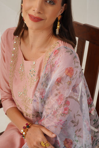 Peach Floral Embroidered Mirror Work Kurta with Trousers & With Dupatta