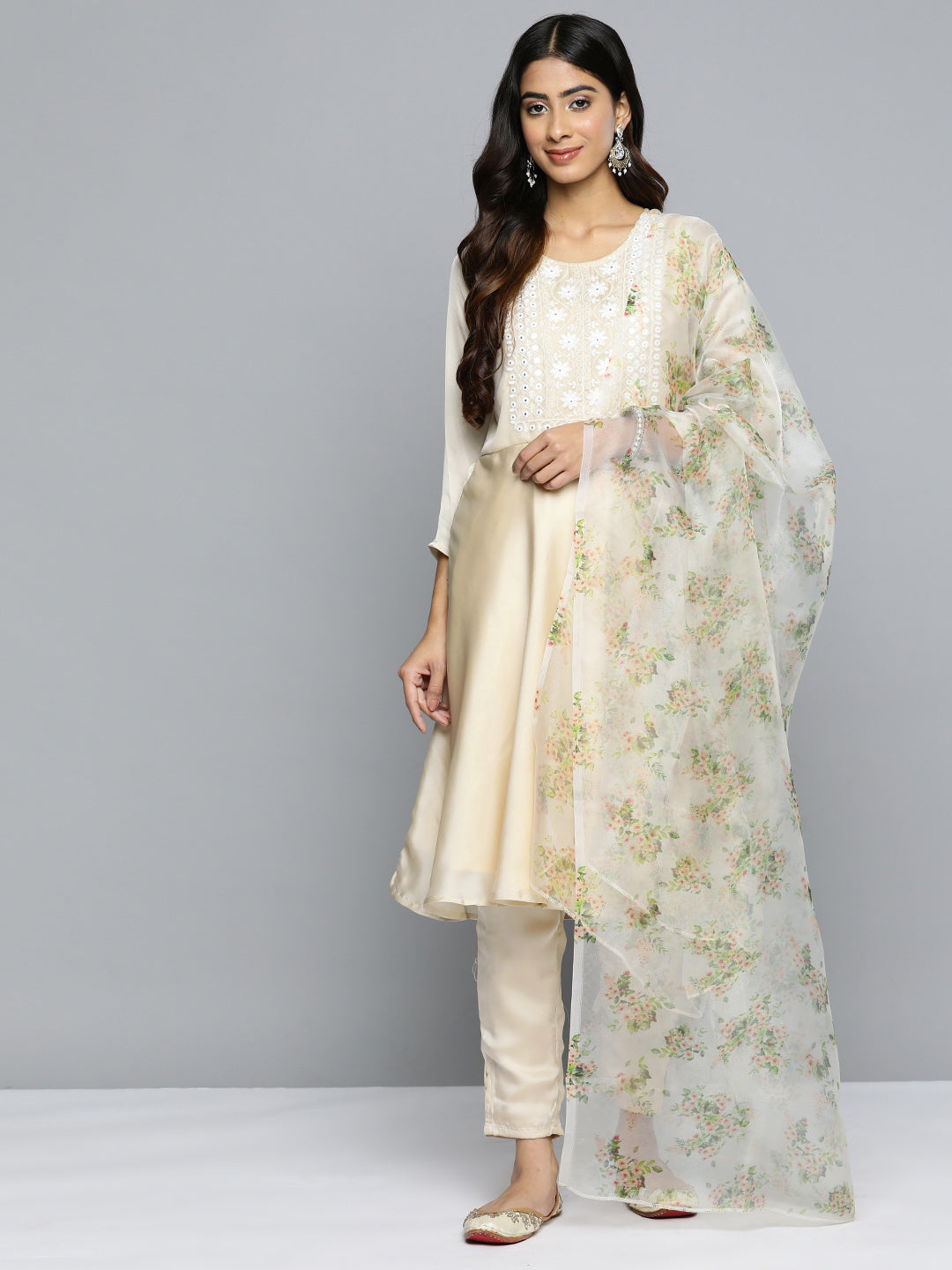 Jompers Floral Embroidered Mirror Work Silk Georgette Kurta With Trousers & Dupatta