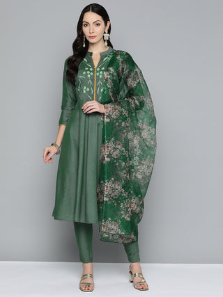 Floral Embroidered Kurta with Trousers & With Dupatta