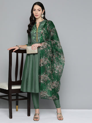 Floral Embroidered Kurta with Trousers & With Dupatta