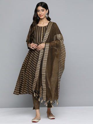 Jompers Women Brown Embroidered Regular Kurta with Trousers & With Dupatta