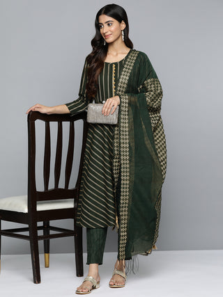 Jompers Women Olive Green Embroidered Regular Kurta with Trousers & With Dupatta
