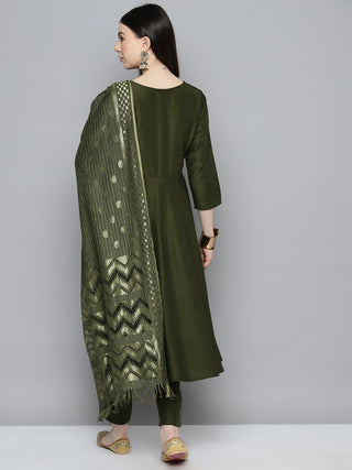 Sequin, zari embroidered flaired kurta with pants and dupatta