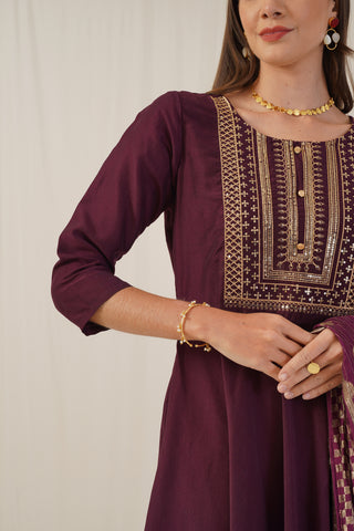 Sequin, zari embroidered flaired kurta with pants and dupatta