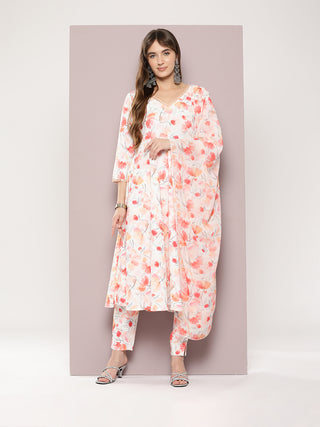 Mirror work detailing, linen printed flared kurta with trousers and dupatta