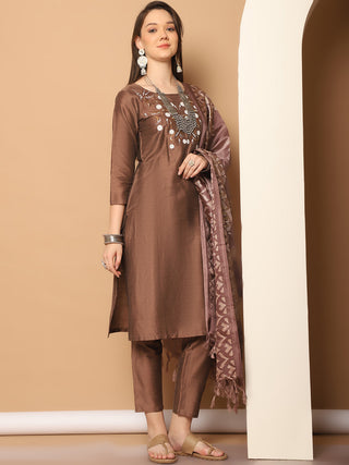 Embroidered Kurta,Printed Dupatta and Trouser Set