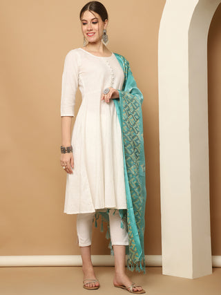 White Sequinned Kurta with Trousers & With Dupatta