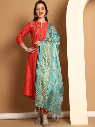 Embroidered Kurta,Printed Dupatta and Trouser Set