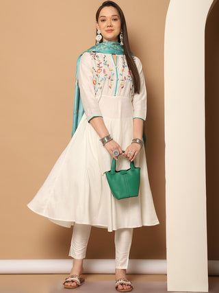 Embroidered Kurta,Printed Dupatta and Trouser Set