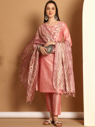 Embroidered Kurta,Printed Dupatta and Trouser Set