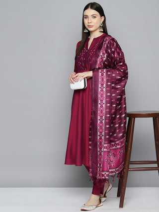 Embroidered Cotton Silk Flared kurta,pant with dupatta set